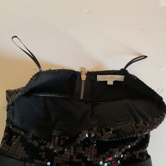 Costa Blanca Short Strapless Satin Black Dress with Sequin Top and Belt Size XS. - Picture 3 of 10